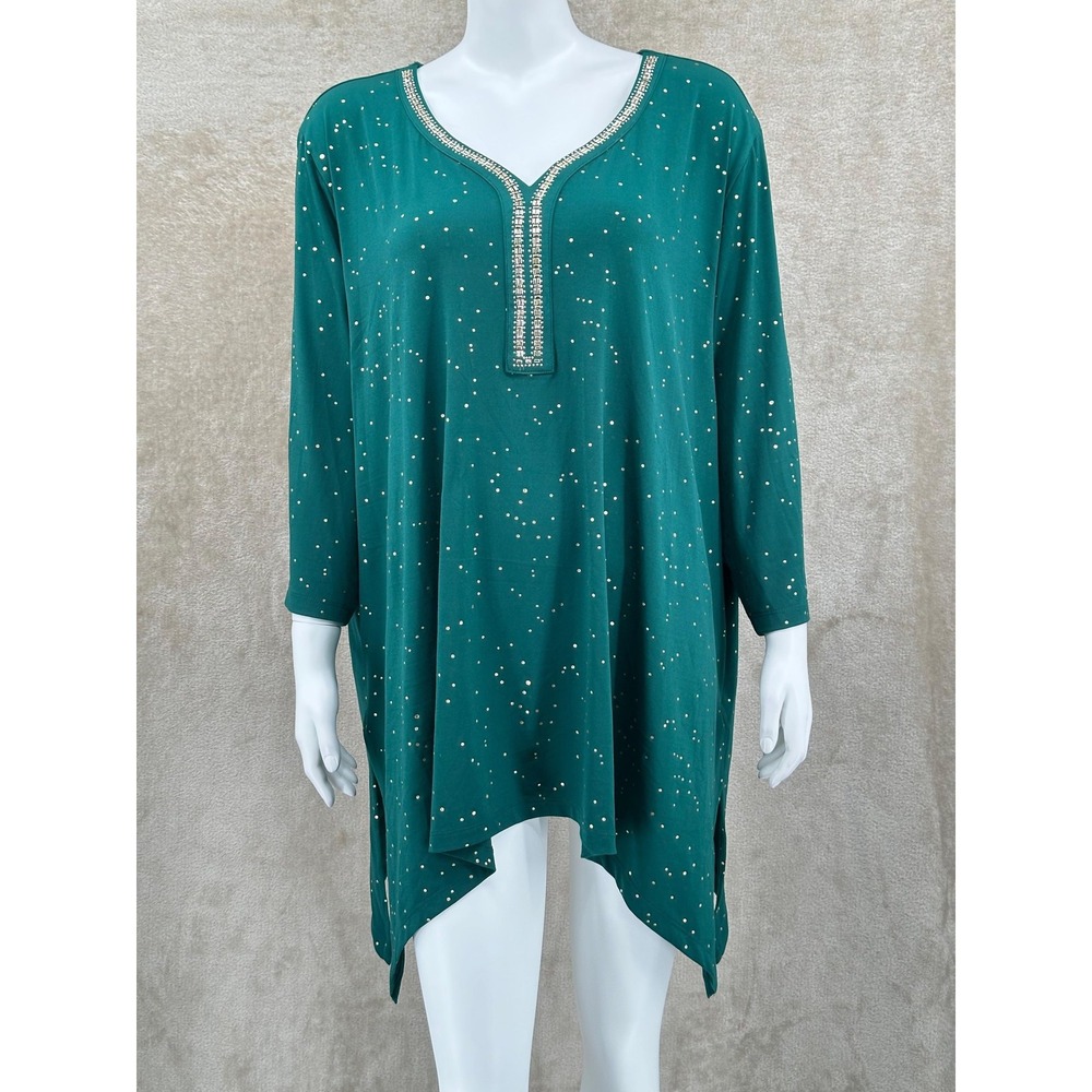 Catherines Top Womens 3X Green‎ Gold Embellished 3/4 Sleeve Festive Holiday Work